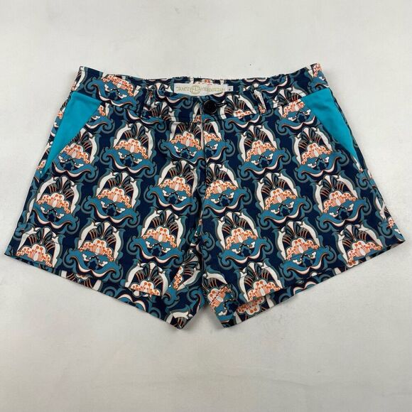 TRACY NEGOSHIAN Size 4 Colorful Floral Print Chino Shorts Stretch Blue Orange - Picture 2 of 6